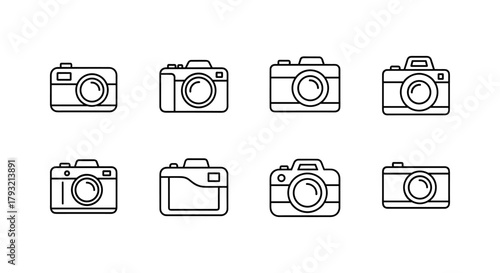Set of eight linear camera icons in minimalist style