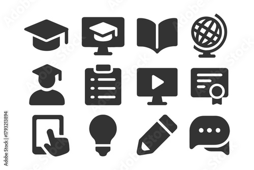 Education icons: graduation cap, online learning, book, globe, certificate, lightbulb, pencil.