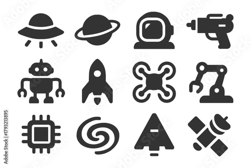 Space icon set featuring rocket, ufo, and astronaut elements in minimalist design.