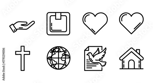 Icon set featuring hand, donation box, heart, cross, earth, peace dove, and home in linear style