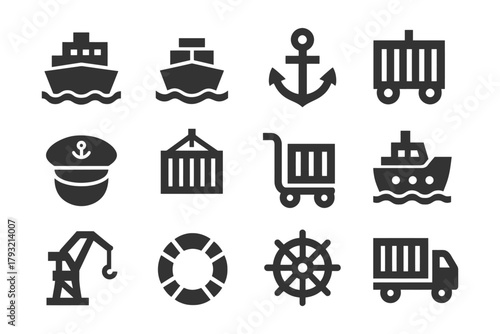 Maritime and shipping icons featuring ships, anchor, containers, and crane.