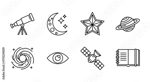 Astronomy icons: telescope, moon, star, planet, galaxy, eye, satellite, observatory