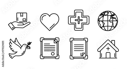 Minimalist line icons: delivery, health, peace, environment, and community
