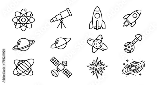 Linear space icons featuring planets, rockets, satellites, and telescopes