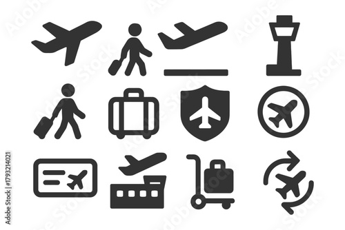 Airport and travel icons set featuring airplane, luggage, and control tower.
