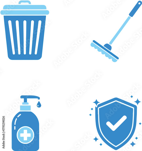 Cleaning hygiene safety icons vector set: trash can, mop, sanitizer, protection shield