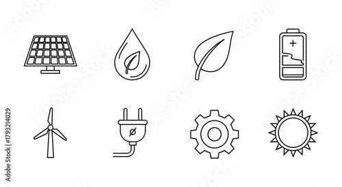 Sustainable energy icons: renewable, eco-friendly symbols in linear style