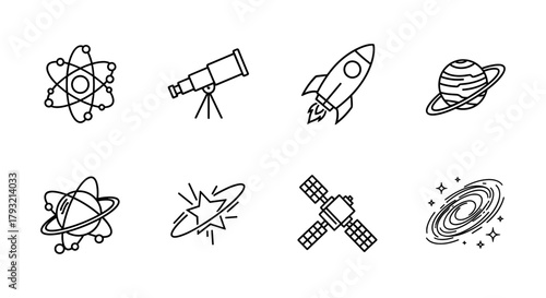 Space exploration icons: telescope, rocket, planet, satellite in line art style
