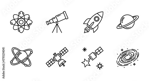 Science and space icons: linear style set of astronomy and exploration symbols
