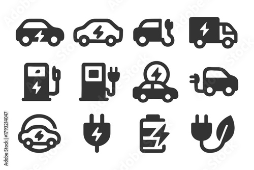 Electric vehicle and charging station icons set in monochrome.