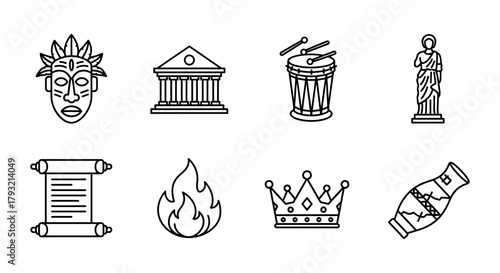 Line art icons of cultural and historical elements
