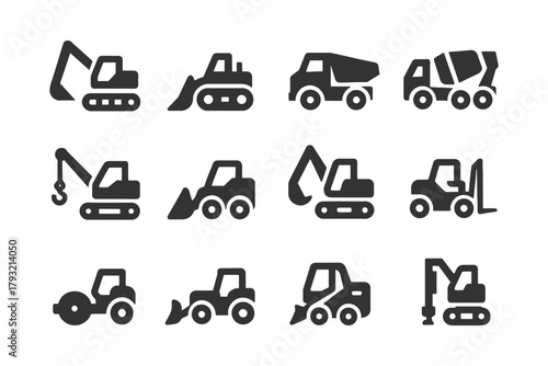 Silhouette icons of construction vehicles and equipment.