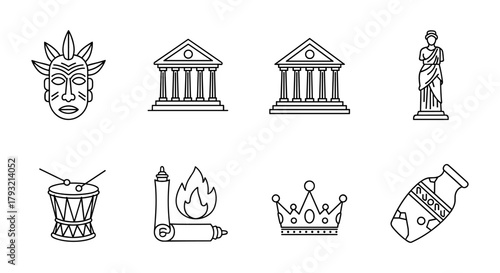 Minimalist ancient cultural icons including architecture, artifacts, and symbols