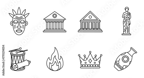 Linear icons of cultural elements: mask, architecture, statue, drum, fire, crown, amphora