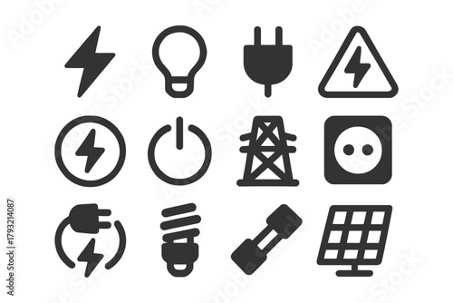 Energy symbols set: lightning, bulb, plug, power button, and solar panel icons.