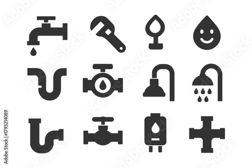 Plumbing icons set: faucet, shower, pipes, valve, wrench, water drop, tap.