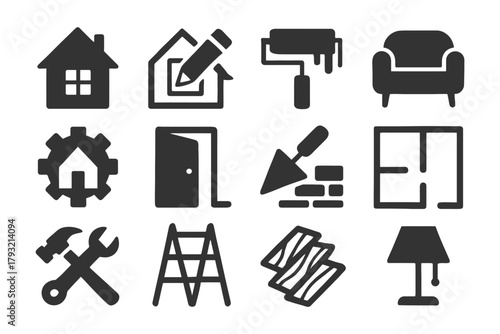 Home improvement icons: tools, furniture, repair, design, construction, decor.