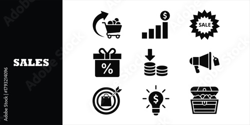 Dynamic sales icons convey growth profit discounts and rewards for successful business strategies and marketing campaigns