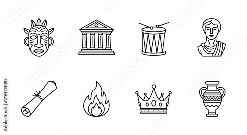 Collection of linear historical and cultural icons featuring masks, architecture, and artifacts