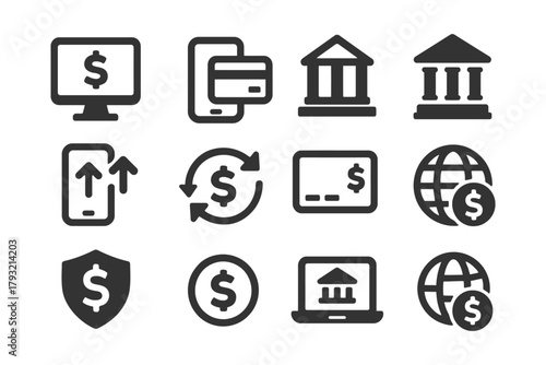 Finance icons set: banking, transactions, currency, and payment graphics.