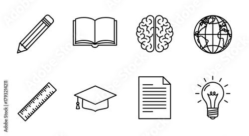 Education icons: pencil, book, brain, globe, ruler, graduation cap, document, light bulb in linear style