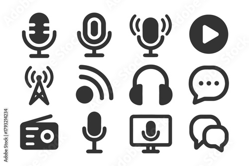 Audio and communication icons featuring microphone, headphones, and radio signals.
