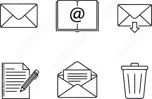 Email communication and messaging icon set, minimalist line art vector graphics for web ui