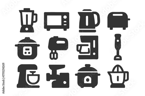 Set of kitchen appliance icons: blender, microwave, toaster, more.