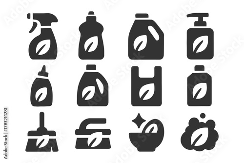 Eco-friendly cleaning product icons with leaf symbol.