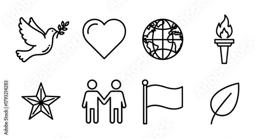 Minimalist icons for peace, love, global unity, and sustainability