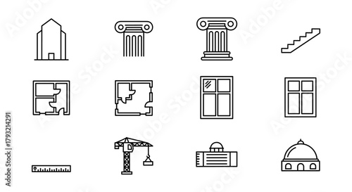 Minimalist architecture icons set: columns, floor plans, windows, and more