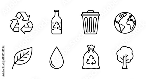 Minimalist eco icons: recycling, sustainability, and earth conservation symbols