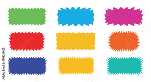 A collection of nine colorful rectangular shapes with jagged edges on a white background.
