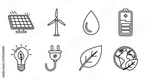 Eco-friendly energy icons: solar, wind, leaf, globe in linear style