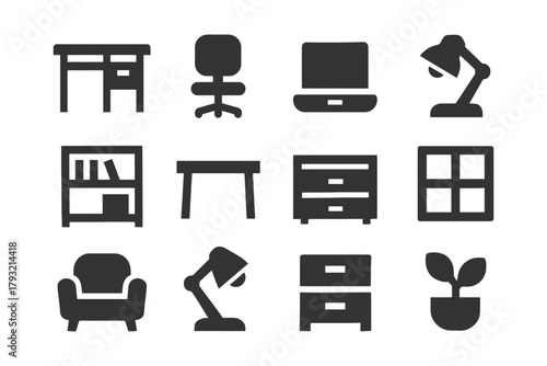 Office furniture and essentials icons: desk, chair, laptop, lamp, bookshelf, plant.