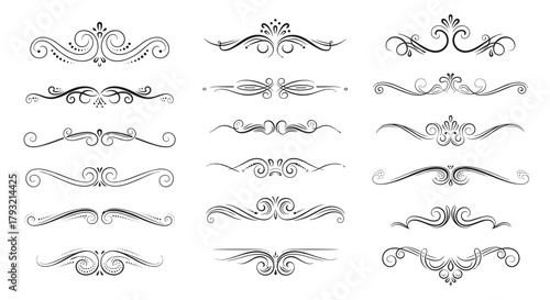 A collection of decorative ornamental dividers and borders with elegant flourishes and symmetrical designs.