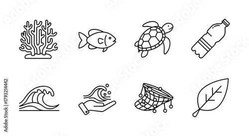 Outline icons highlight ocean conservation and sustainability