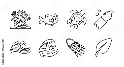 Minimalist ocean conservation icons highlight marine life and pollution themes