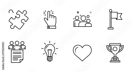 Minimalist icons set: puzzle, touch, community, goal, collaboration, idea, heart, achievement