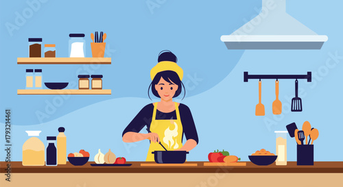 A skilled cook prepares a delicious meal with fresh ingredients in a bright modern kitchen.