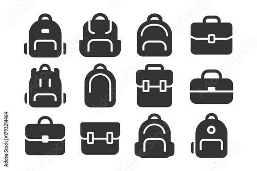 Collection of various backpack and briefcase icons in black silhouette style.