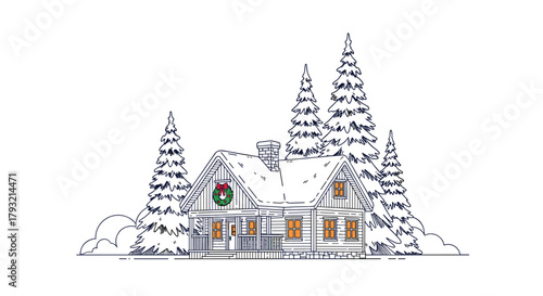 Cozy cabin nestled among snow-covered pine trees during winter festivities.