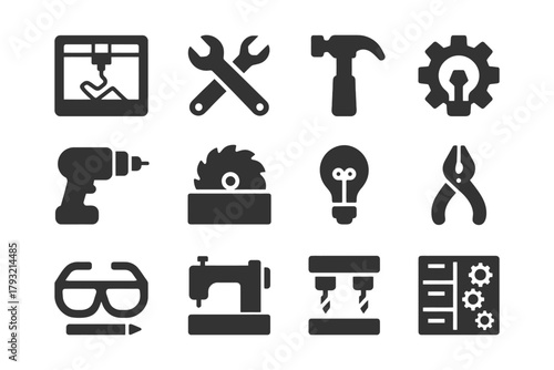 Set of black tool icons including drill, wrench, hammer, gear, and lightbulb.