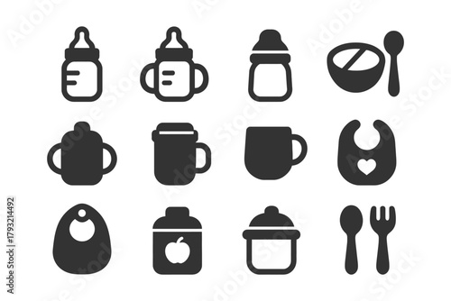 Baby feeding essentials icons set for bottles, cups, bowls, bibs, and utensils.