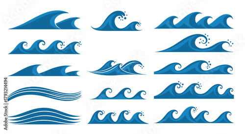 Collection of stylized pixel art ocean waves in various forms and sizes.