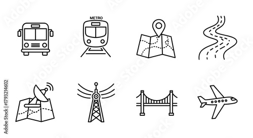 Transportation icons set: bus, train, map, gps, road, satellite, bridge, airplane in linear style