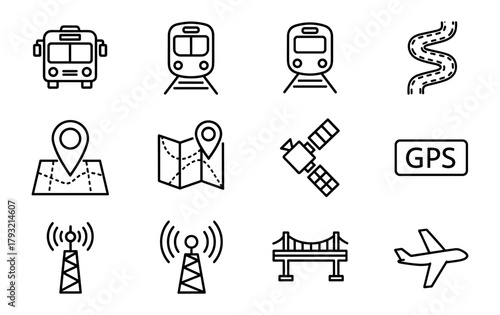 Transport and navigation icons set: bus, train, gps, satellite, road, and airplane in linear style