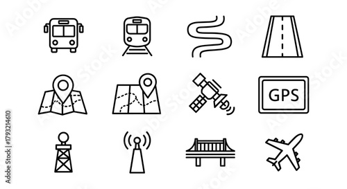 Linear icons of transport and navigation elements: bus, train, map, satellite, gps, and more