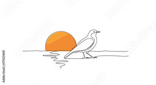 A beautiful bird sits gracefully on the water's edge with the sun rising behind it.