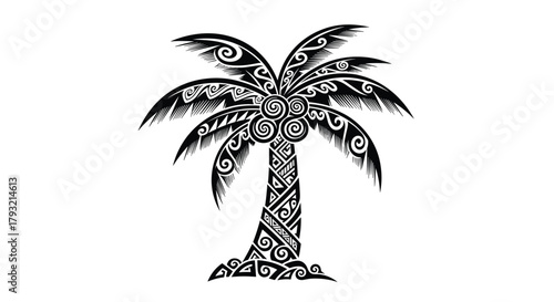An intricately decorated tropical palm tree with a detailed tribal pattern covering its trunk and fronds stands against a white background.